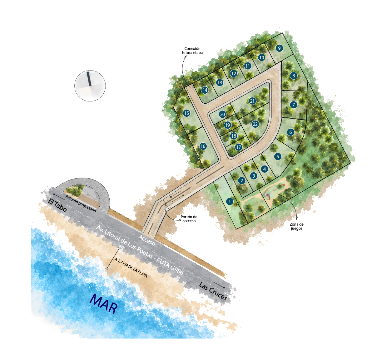 Plano de distribuci&oacute;n de sitios del Condominio Bosque del Tabo