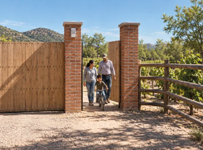 Una familia sale por el acceso de Hacienda Santa Magdalena