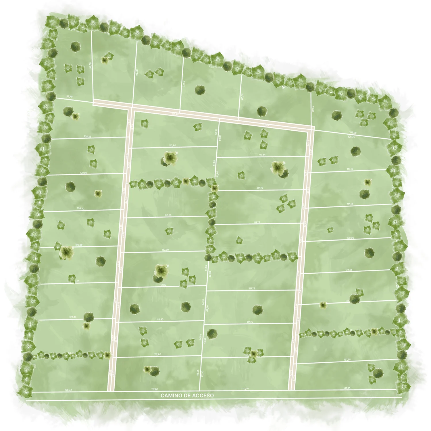 Master plan de Tierras de San Clemente con sus parcelas y camino de acceso