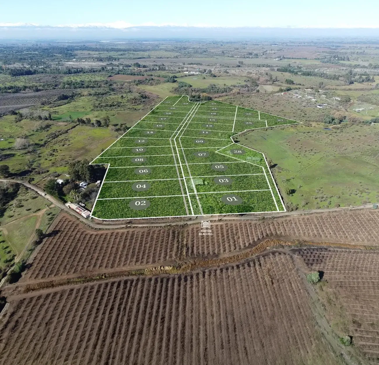Vista aérea de Tierras de San Rafael con la distribución de los lotes