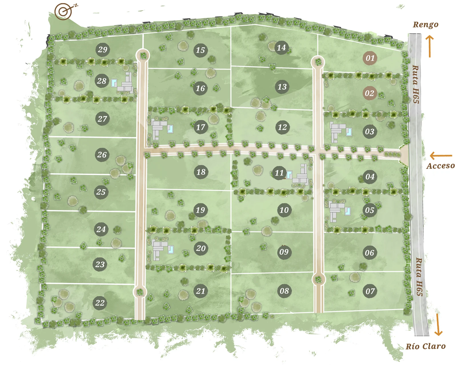 Master plan de Casa Torreón con sus 29 lotes, calles interiores y accesos