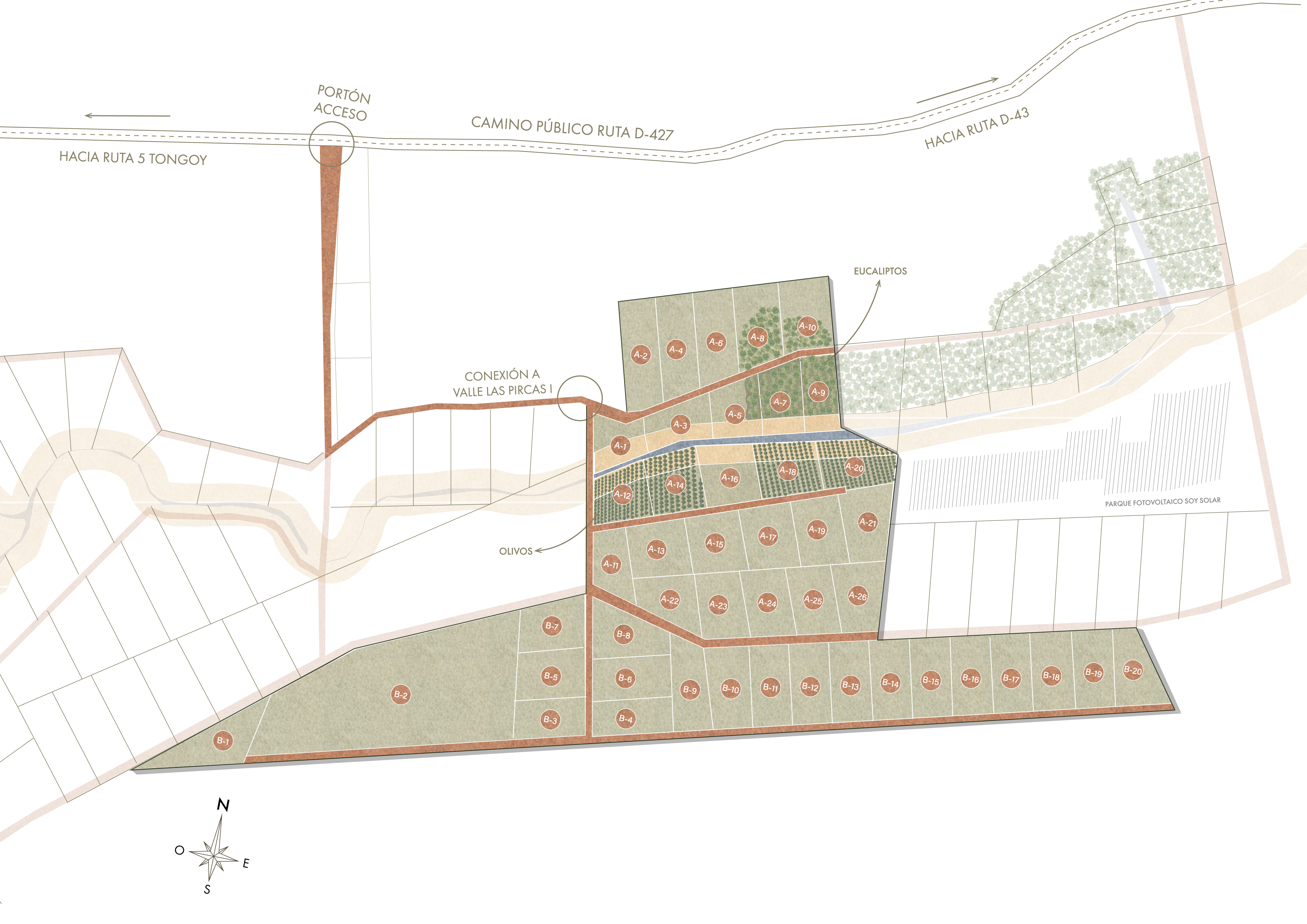 Master plan de Valle Las Pircas II con el portón de acceso por la Ruta D-427, los sectores A, B y C y la conexión a Valle Las Pircas I