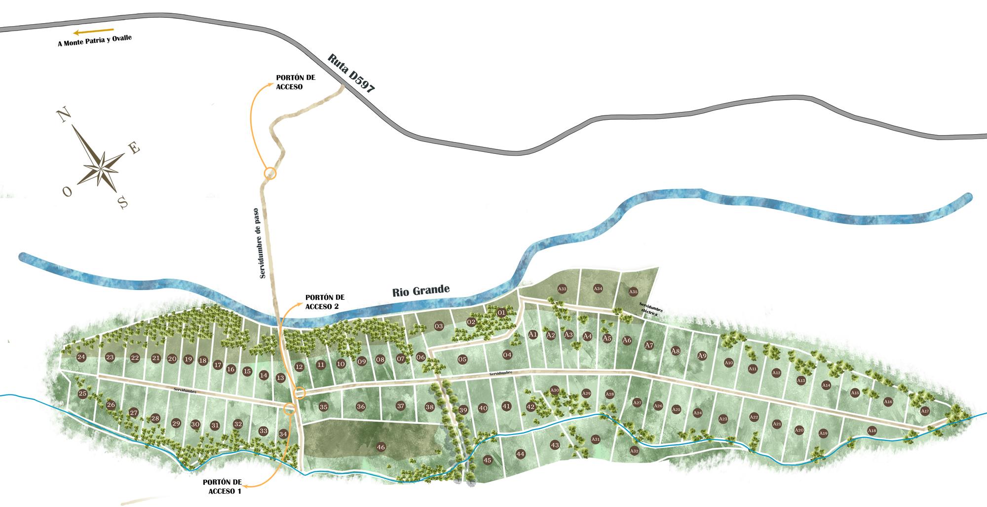 Master plan de Valle Monte Patria con los 81 terrenos, portones de acceso y Ruta D-597
